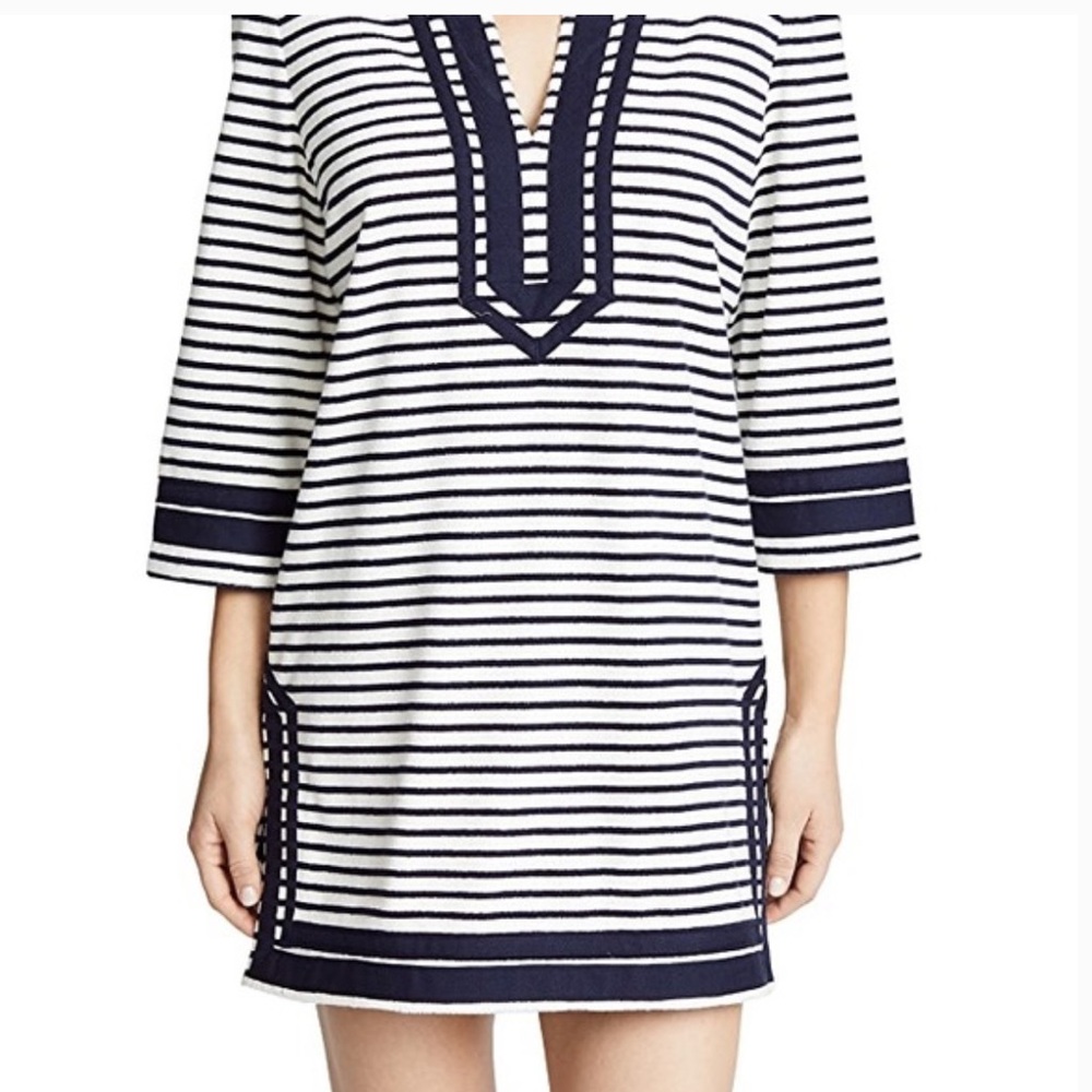 Tory Burch Terry Cloth Navy and White Striped V-Neck Swim Coverup XS